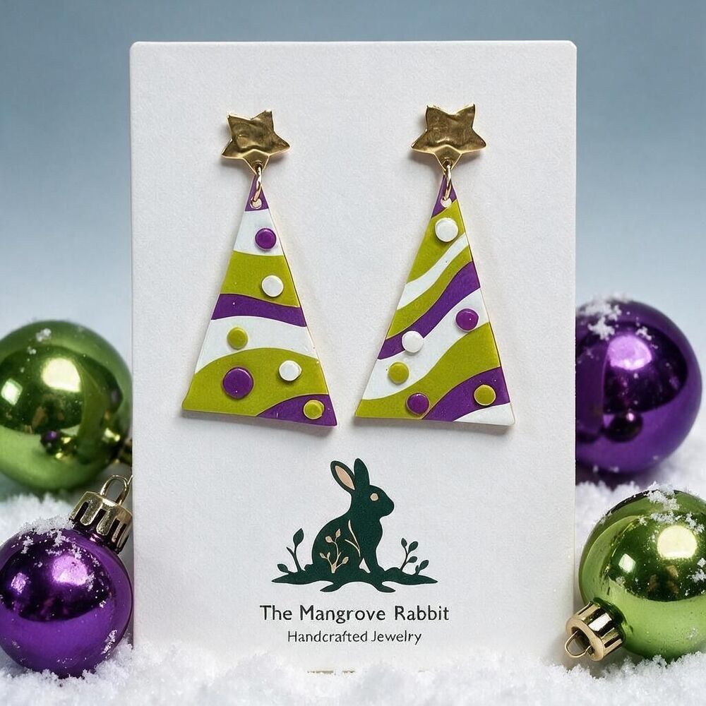 Handmade Purple Green Nordic Christmas Tree Polymer Clay Retro Dangle Earrings